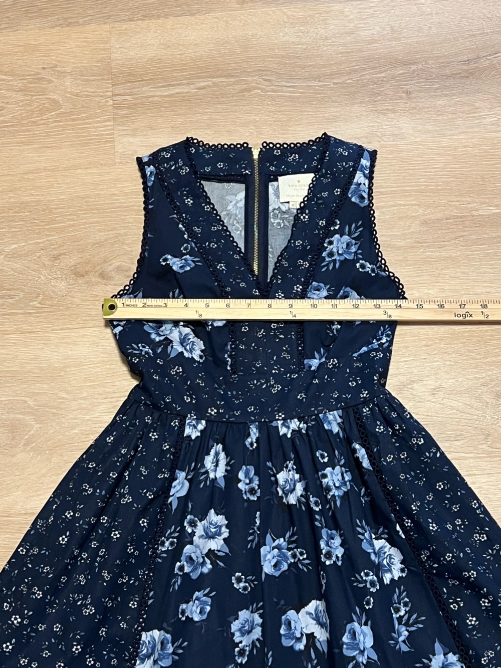 Kate Spade Prairie Rose Fit & Flare‎ Dress V Neck Navy Floral Lace Trim Size 0 - Picture 9 of 12